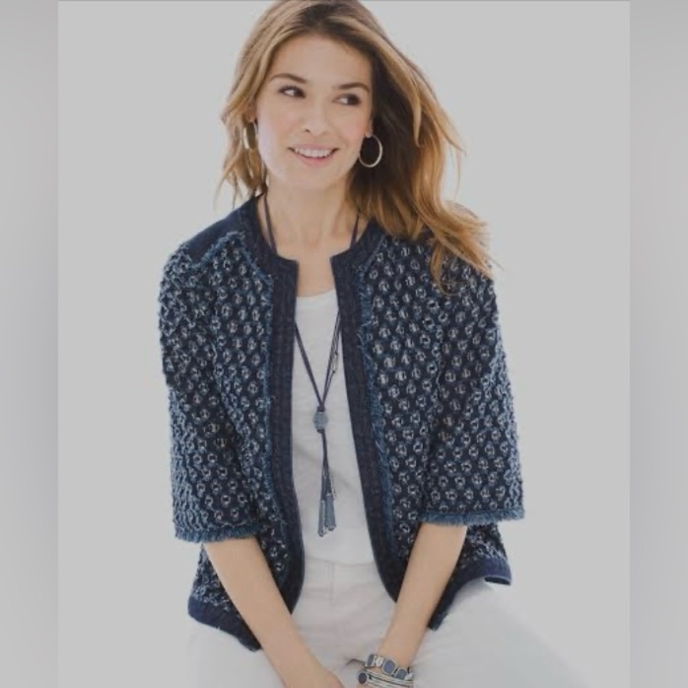 Chico’s Open Front Perforated Denim Jacket Size M